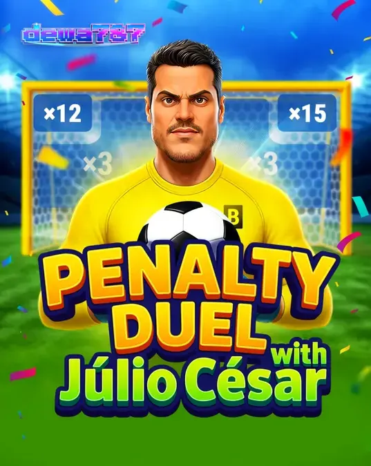 Tampilan antarmuka permainan Penalty Duel dengan Júlio César di lapangan stadion